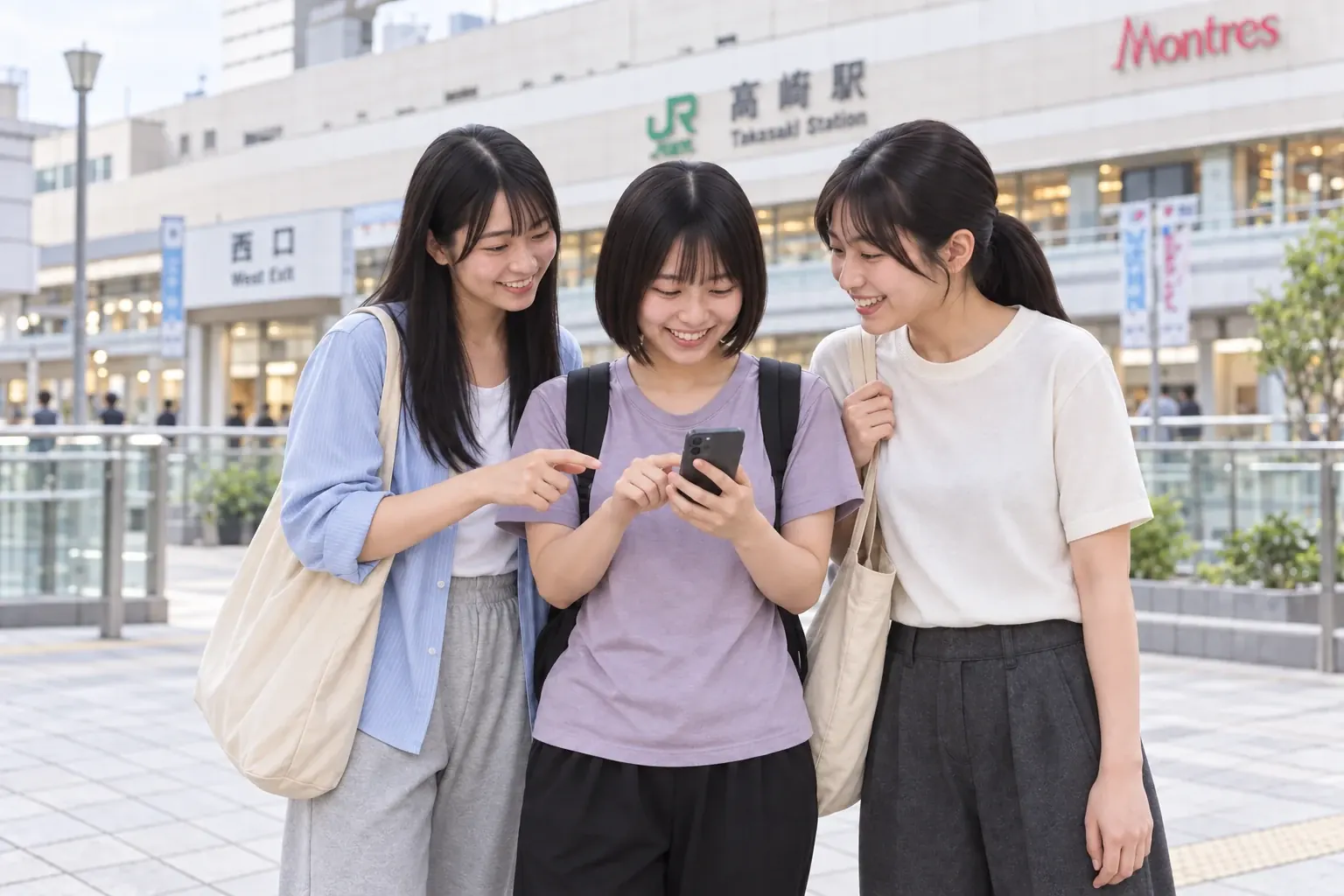高崎駅前で女性3人がスマートフォンを見ながらよやクルで予約する利用イメージ