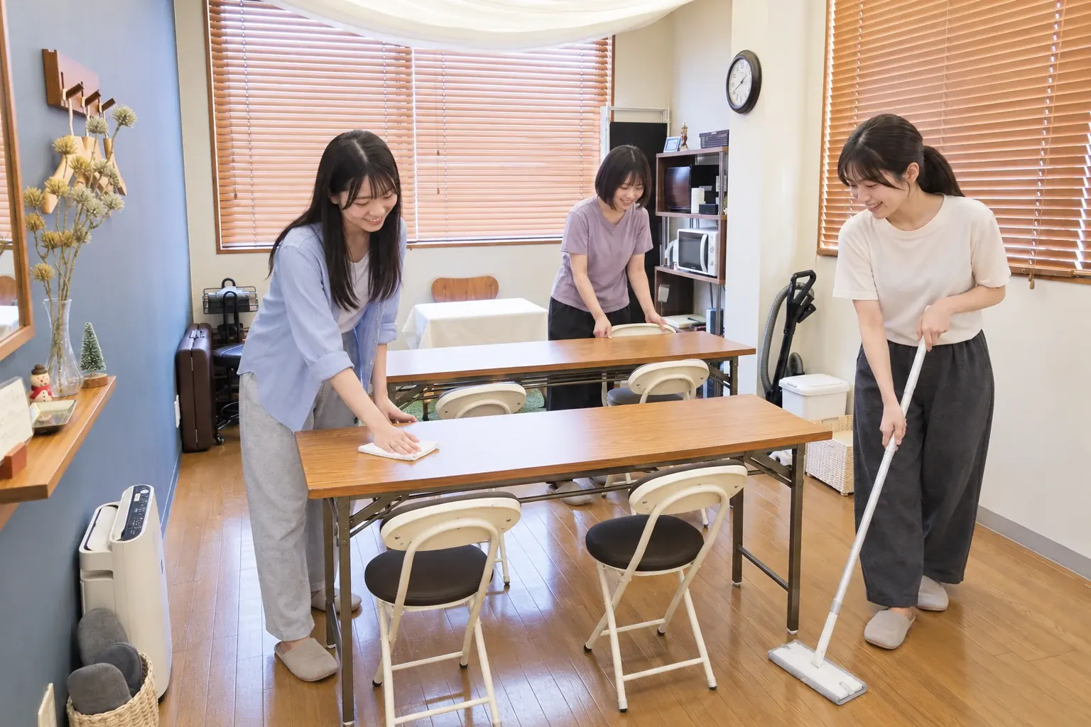 女性3人がミニ会議室のテーブルと床を清掃し、イスを元に戻す利用イメージ